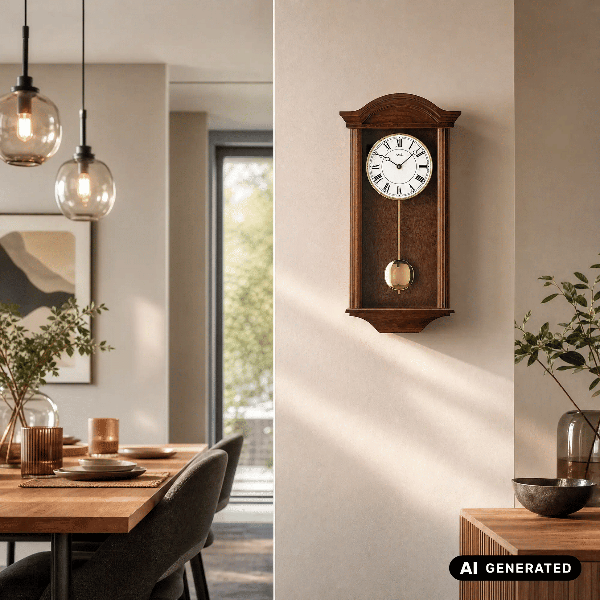 Wanduhr aus Nussbaumholz an der Wand mit großem Ziffernblatt und Pendel