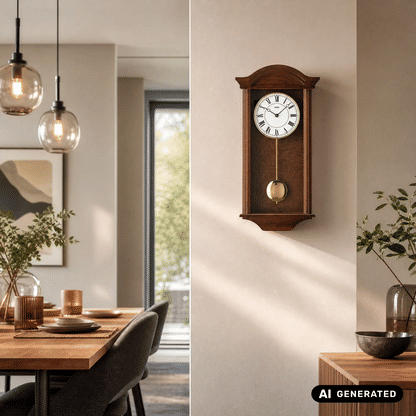 Wanduhr aus Nussbaumholz an der Wand mit großem Ziffernblatt und Pendel