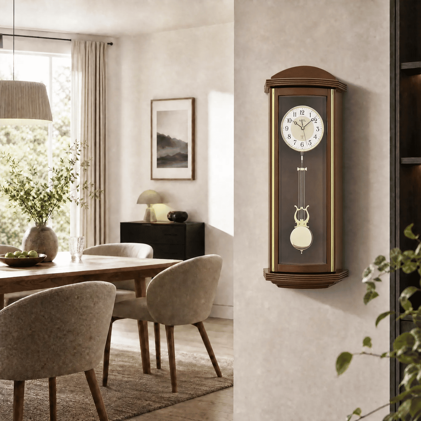 Reloj de pared AMS Funk F5015/1 • Caja de madera lacada en nogal • Péndulo con mecanismo de sonería Westminster