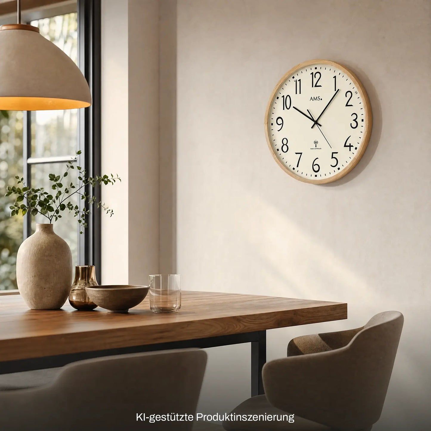 Runde Wanduhr mit beigem Zifferblatt und Buchenholzrahmen, Funkuhr mit Zeigern