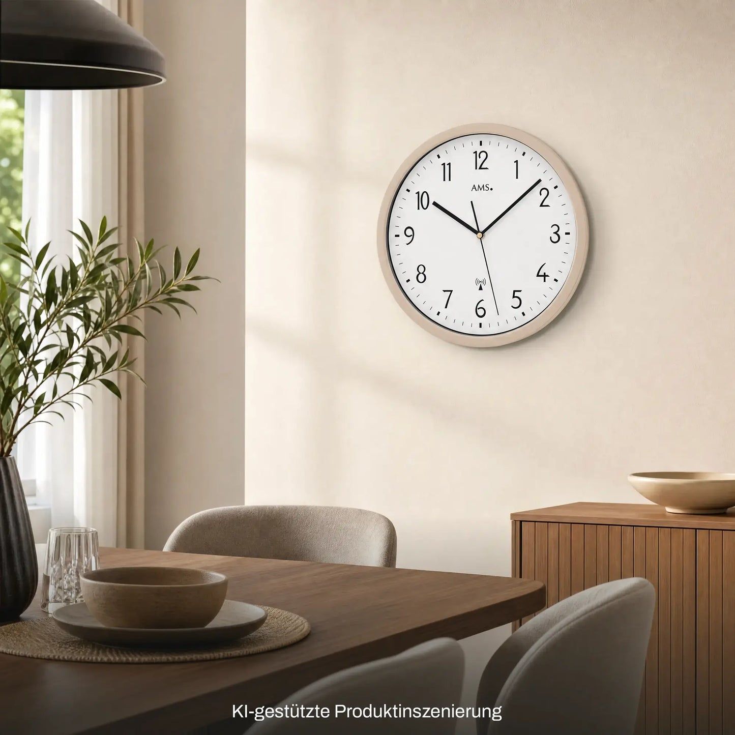AMS Funk-Wanduhr, rundes Zifferblatt mit Mineralglas, beiger Rand