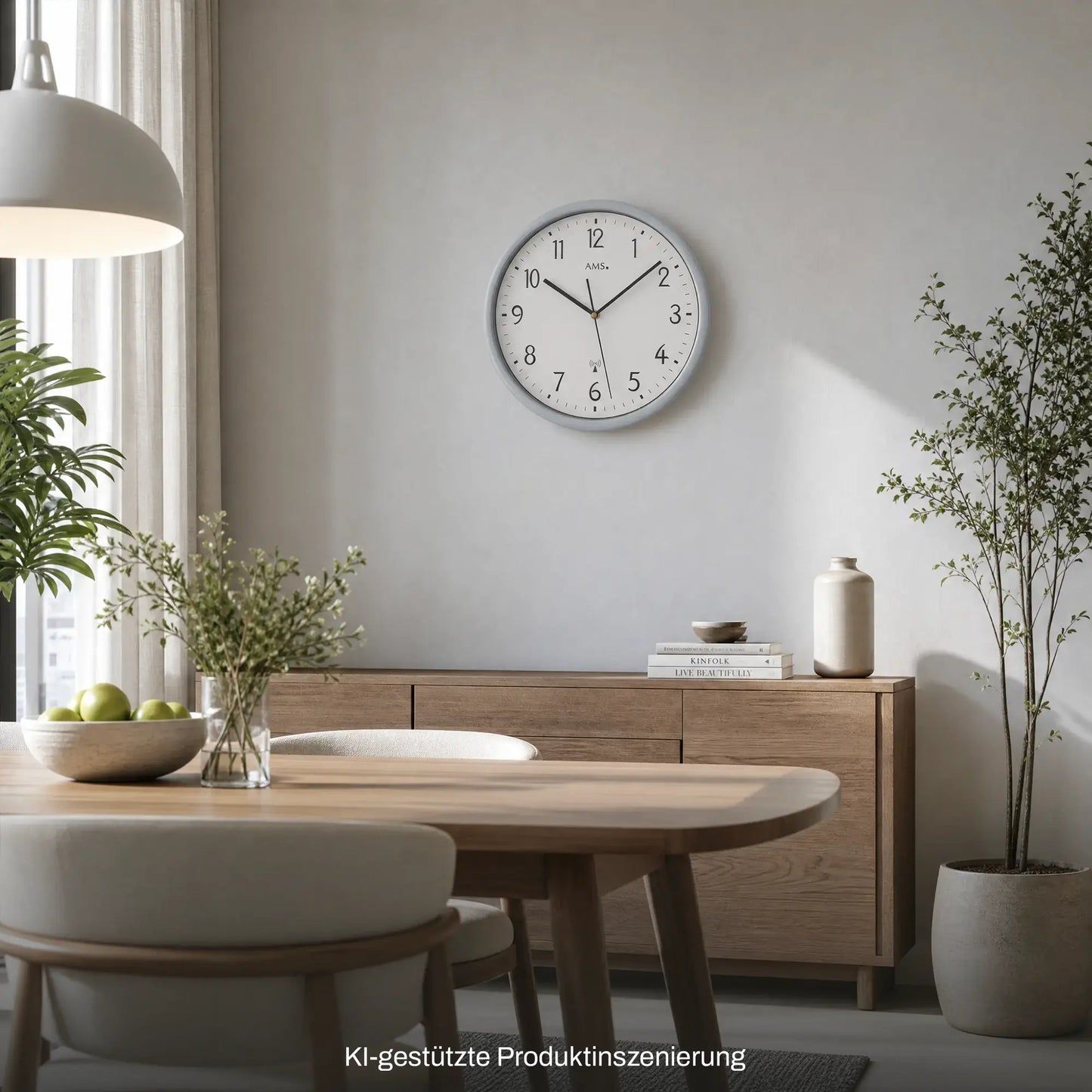 Funk-Wanduhr mit Holzoptik-Gehäuse und analogem Ziffernblatt, runde Form
