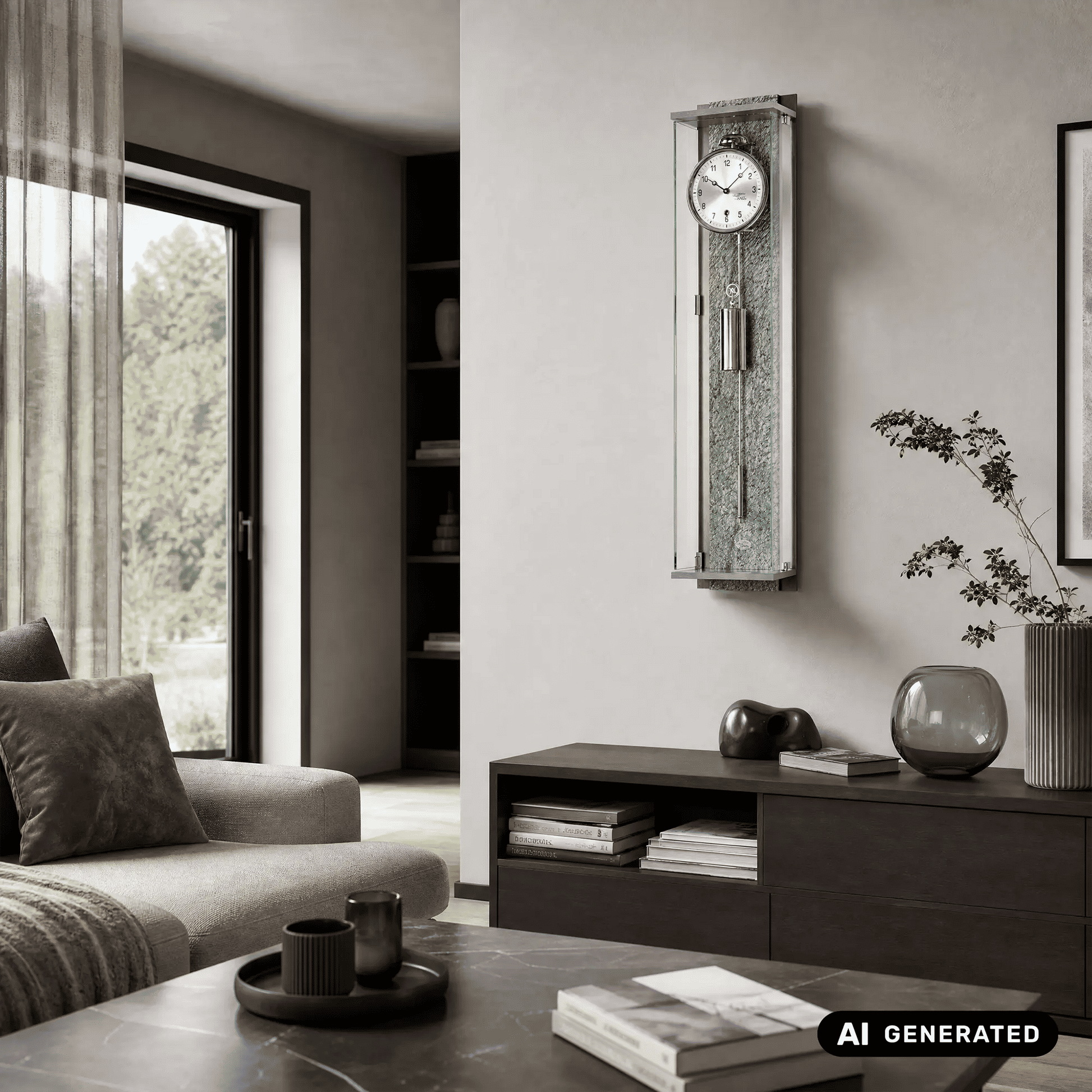 Wanduhr an der Wand mit grauem Steinmuster, Glasfront und rundem Uhrwerk