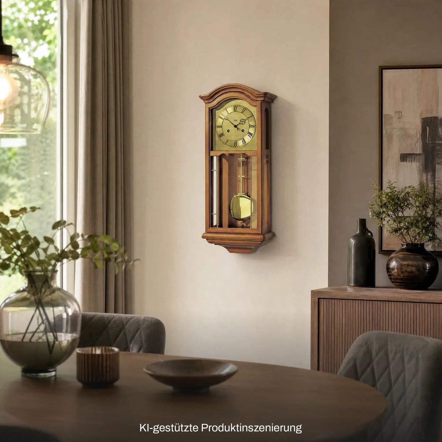 Pendelwanduhr mit Kirschbaumgehäuse, rundem Messingziffernblatt und Glasfront