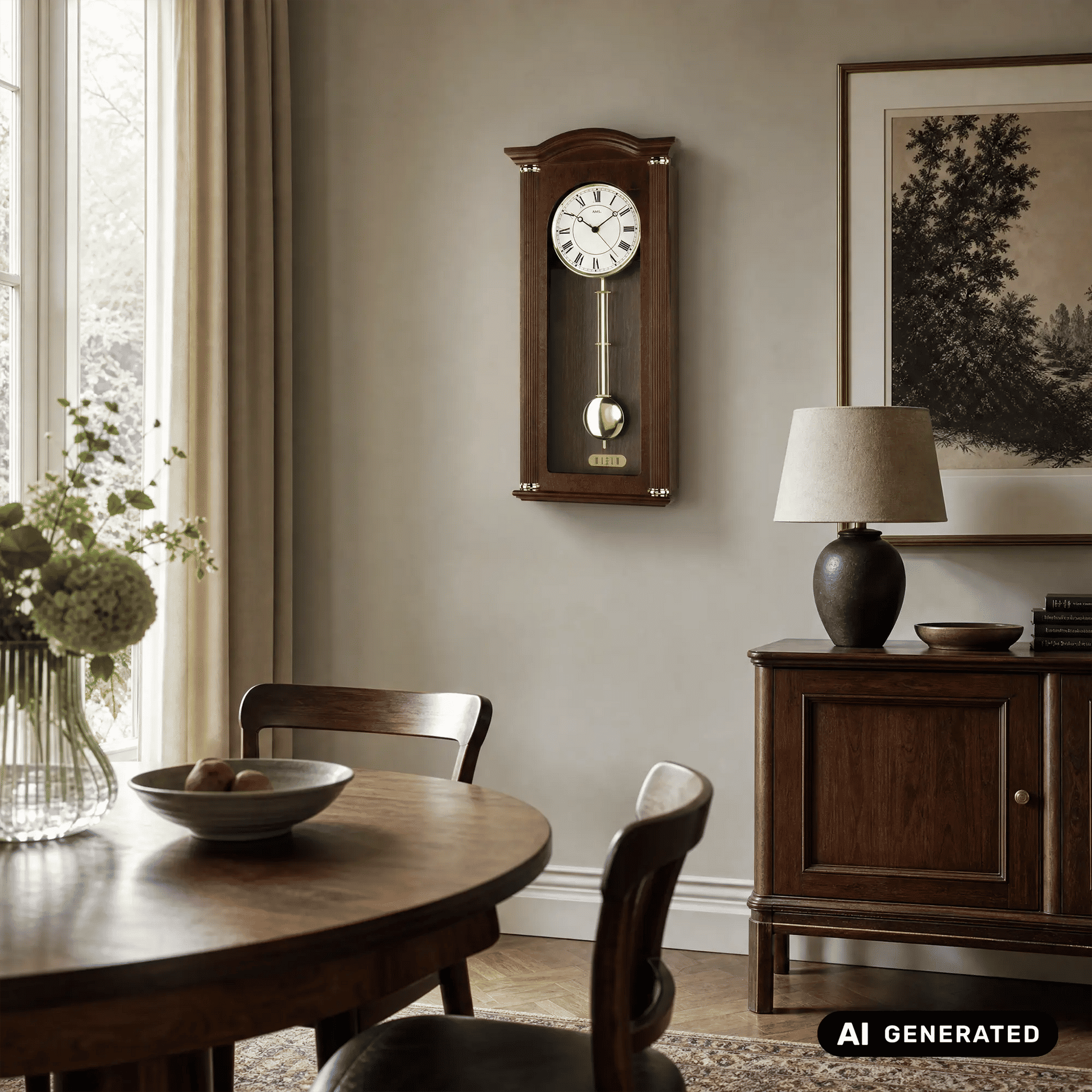 Wanduhr an der Wand in Nussbaumoptik mit rundem Zifferblatt und Pendel