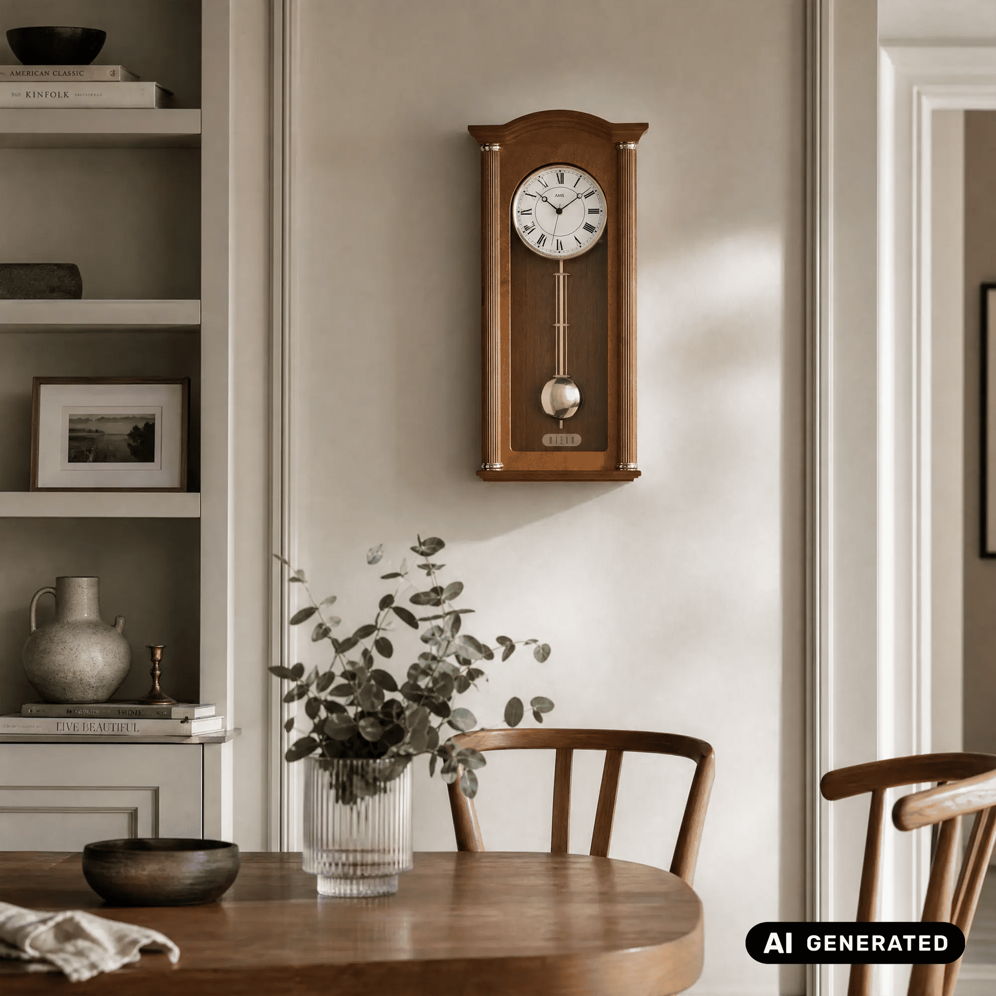 Braune Wanduhr an der Wand mit römischen Ziffern und Pendel