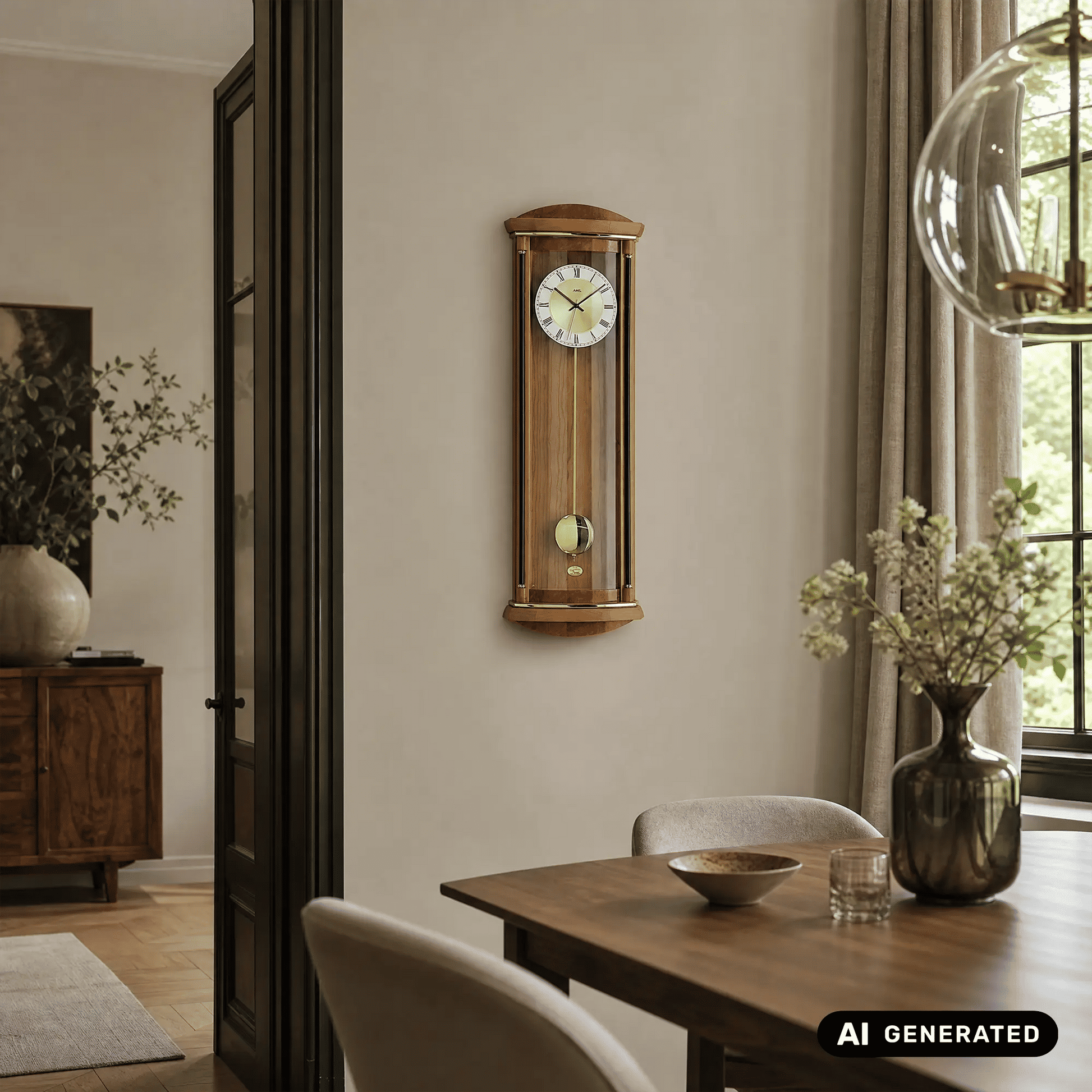 Wandmontierte Wanduhr mit Holzgehäuse, Glasfenster, Zifferblatt und goldfarbenem Element