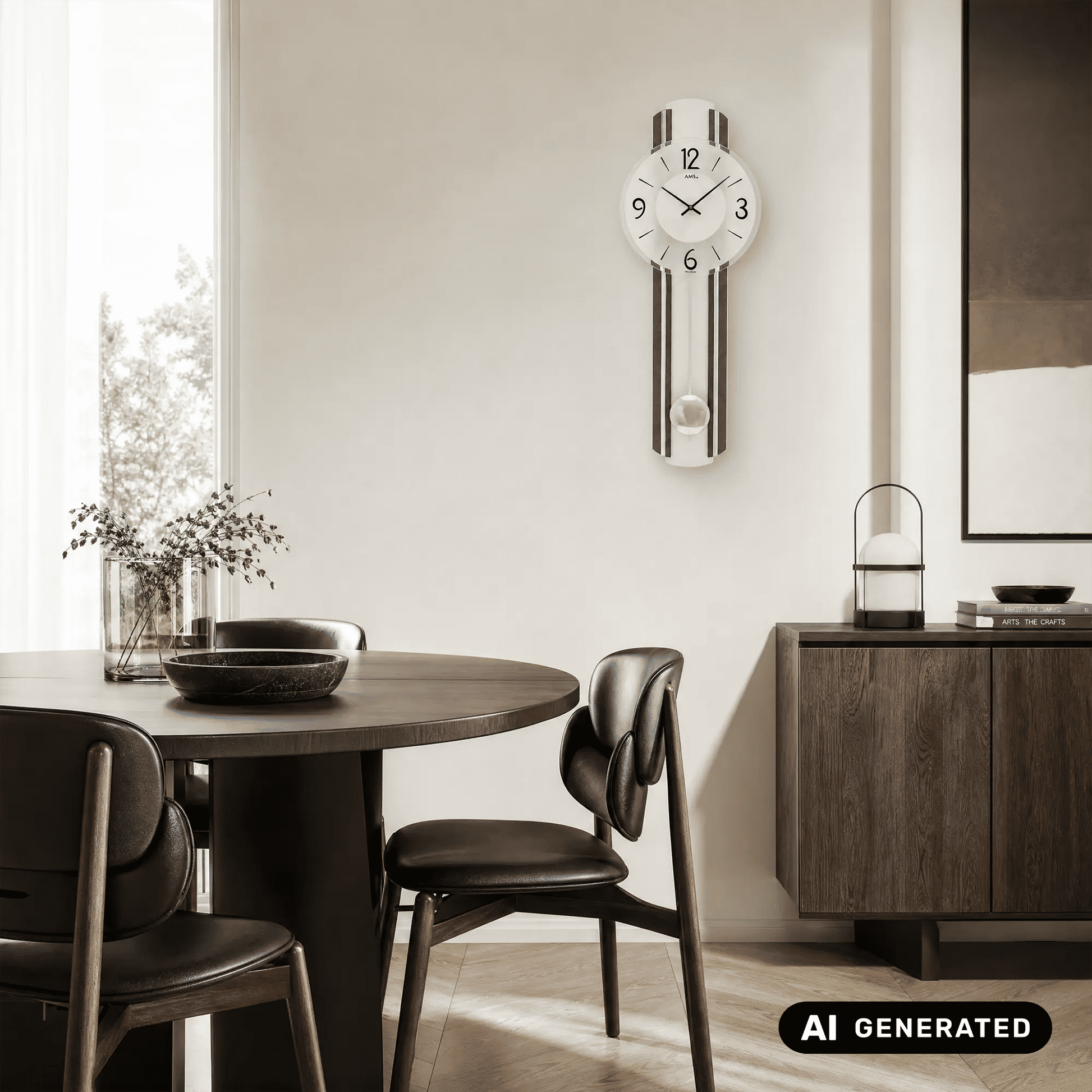 Wanduhr an der Wand mit silbernen Holzstreifen und rundem weißem Ziffernblatt