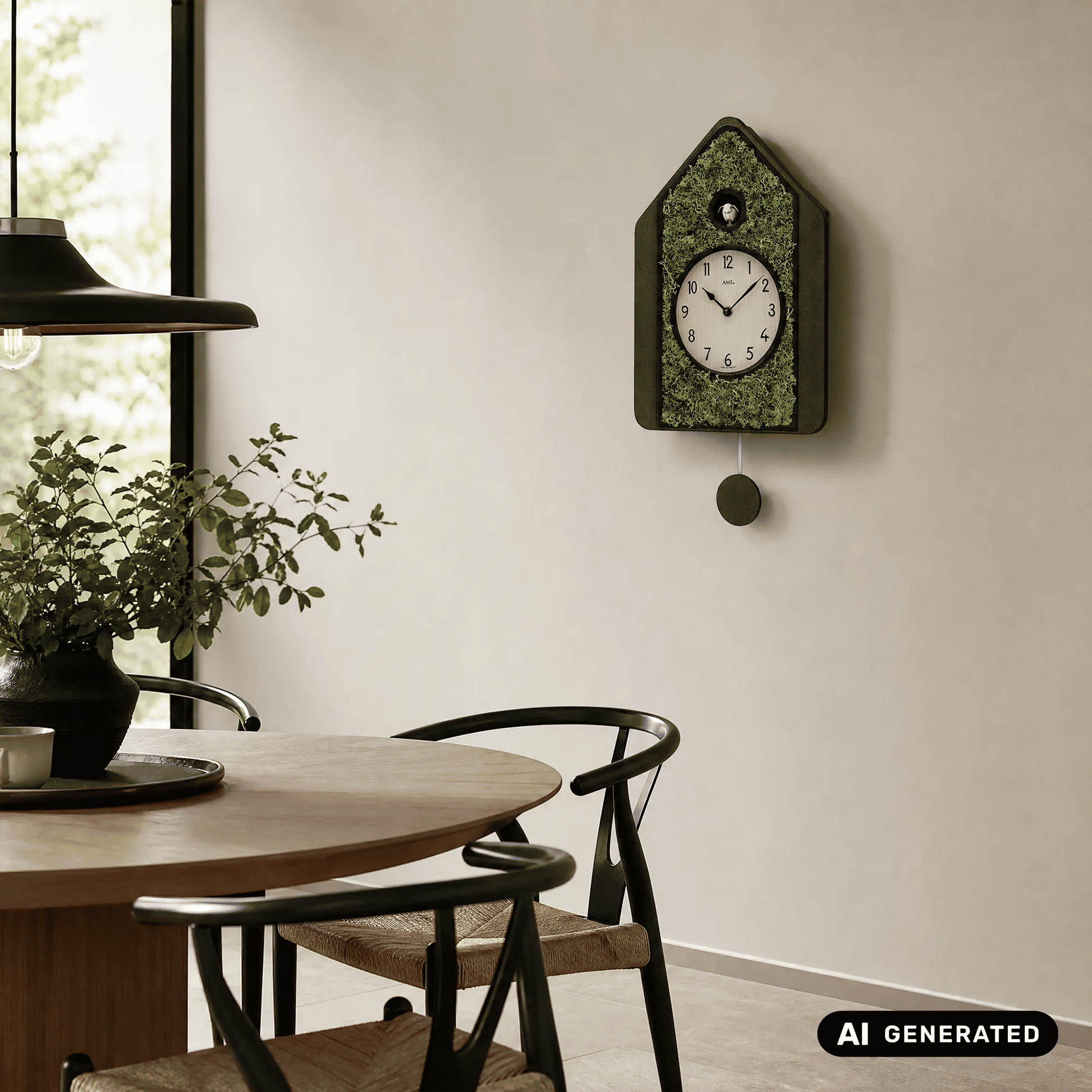 Pendeluhr an der Wand im Hausdesign mit grünem Moos-Einsatz und Kuckuck-Attrappe