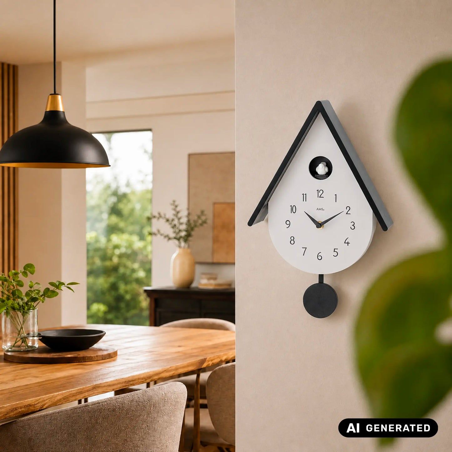 Hellgraue Wanduhr im Kuckucksuhr-Design mit Pendeluhrwerk und rundem Pendel