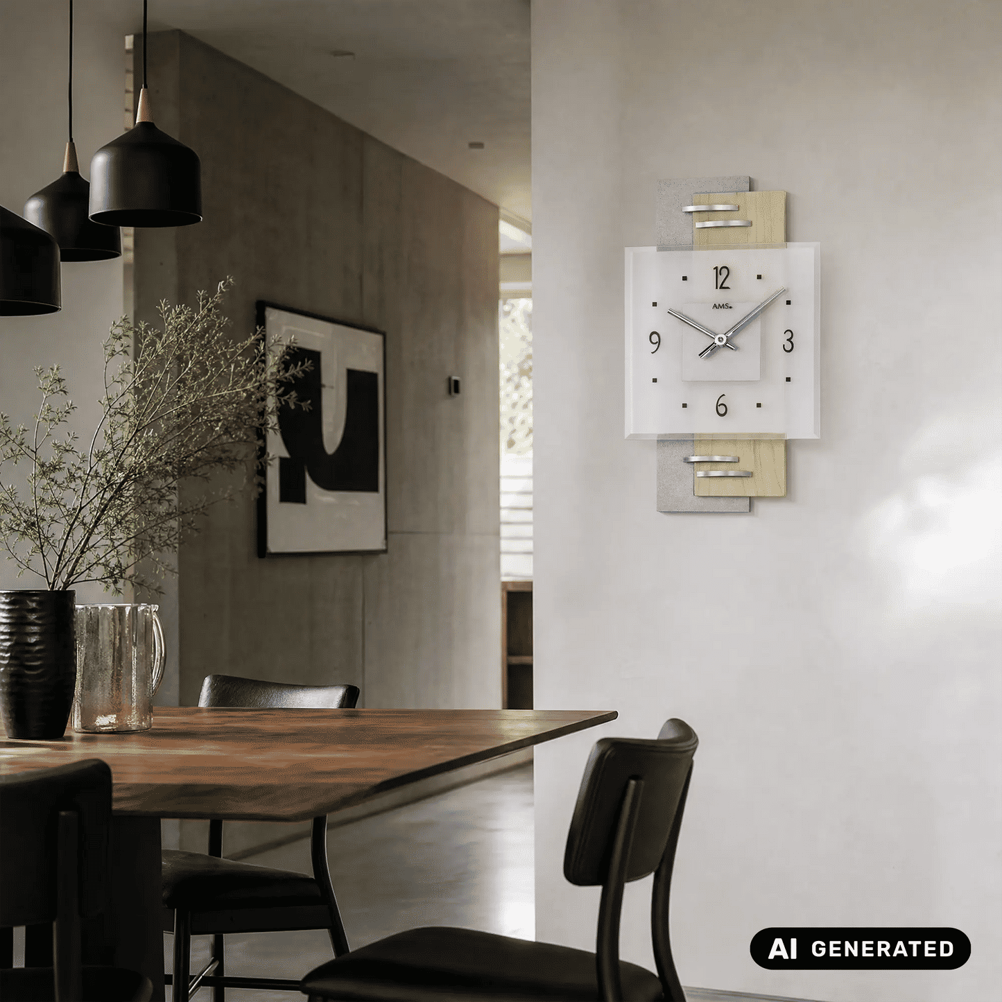 AMS Zegar ścienny kwarcowy W9248 Srebrny/Brązowy • Szkło mineralne • Wyprodukowano w Niemczech