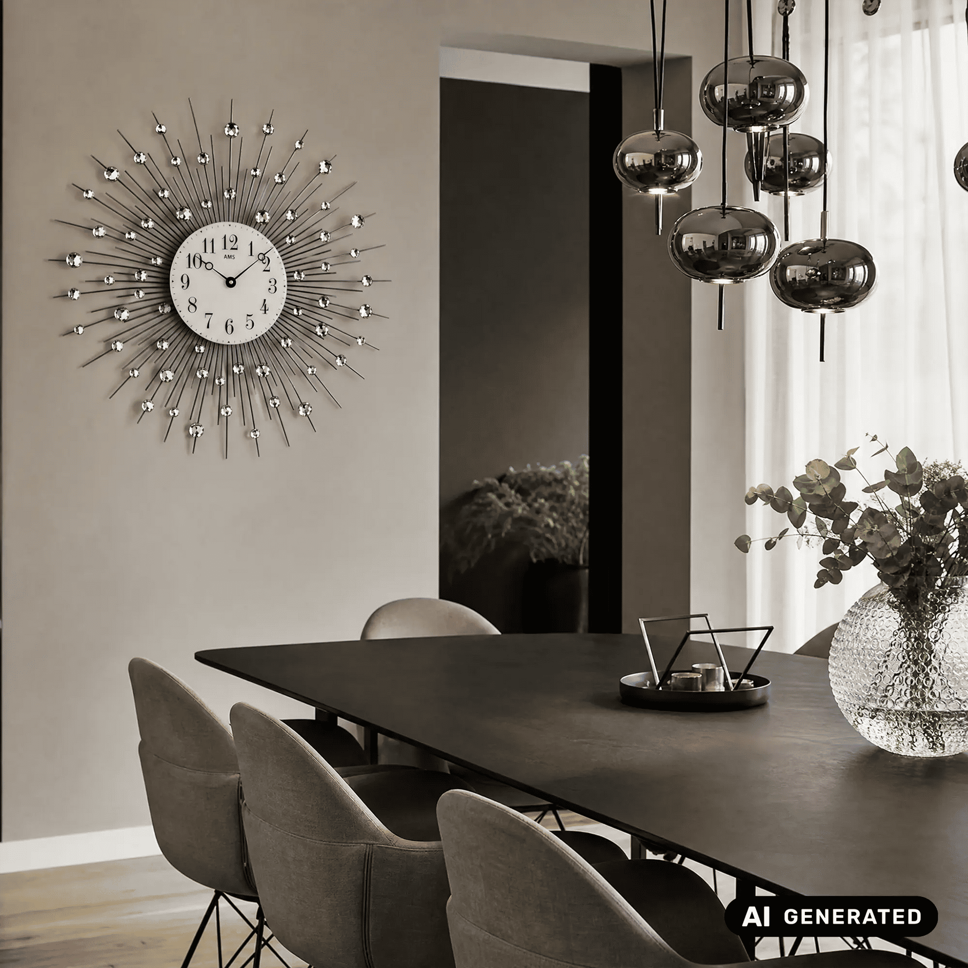 Wanduhr mit rundem Zifferblatt und silbernen Metallstiften, wandmontiert