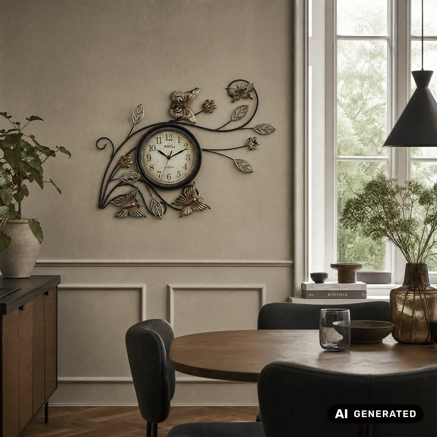 Runde Wanduhr an der Wand mit Metallranken, Blumen und Schmetterlingen, AMS