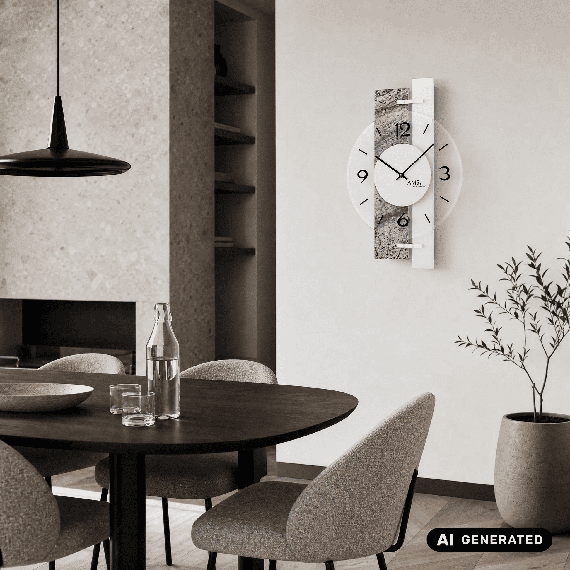 Wanduhr an der Wand: weißes Ziffernblatt, graues Steinmotiv, schwarze Zeiger und silberne Halter