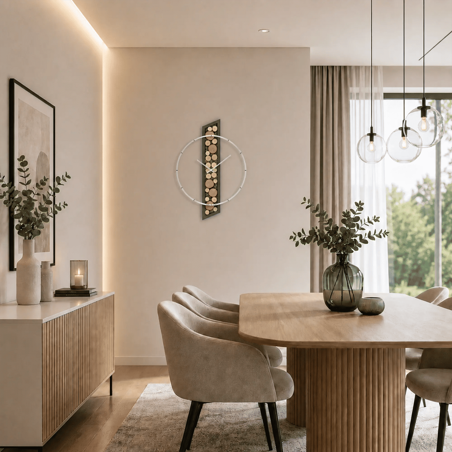 Wanduhr mit Holz- und Moos-Einsatz, Aluminium-Frontring, Holzscheiben-Ziffern und Zeigern