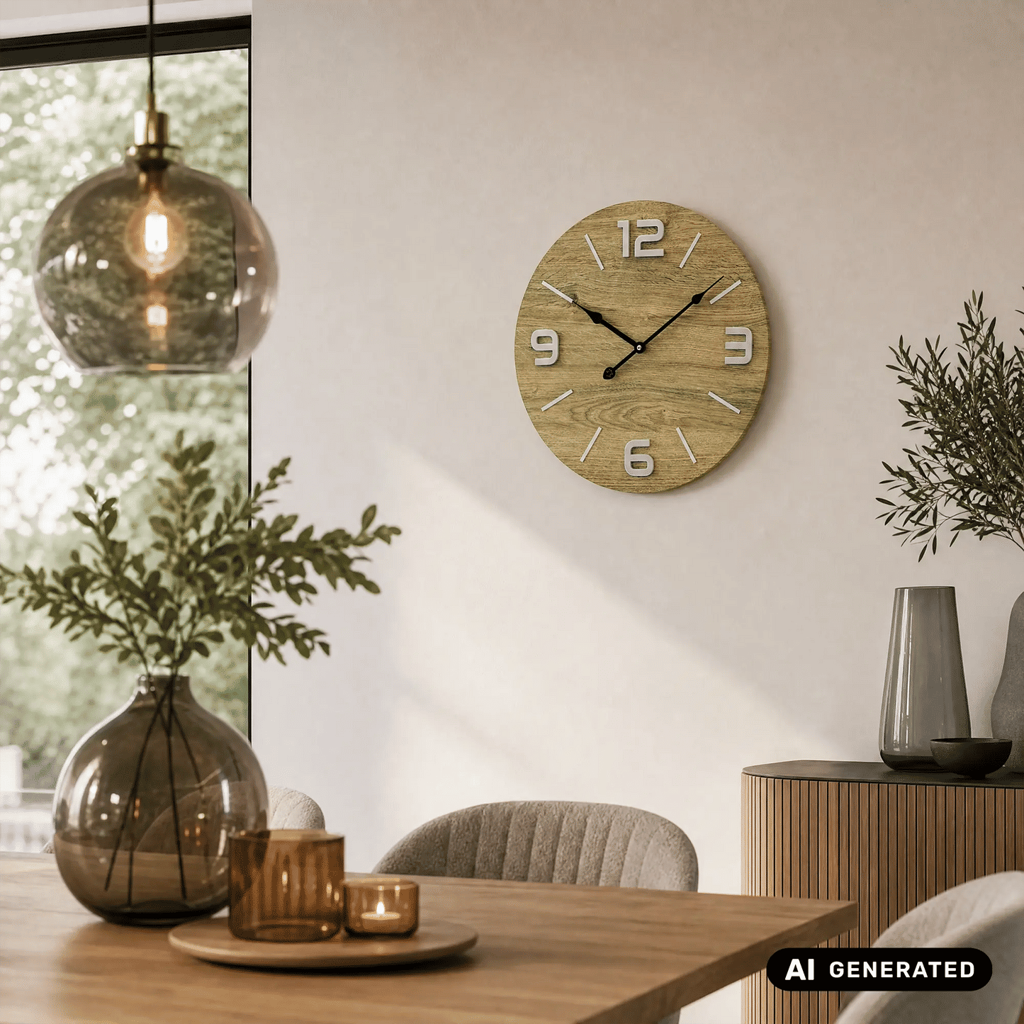 Wanduhr mit runder Holz-Optik, Metallziffern und schwarzen Zeigern