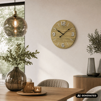 Wanduhr mit runder Holz-Optik, Metallziffern und schwarzen Zeigern