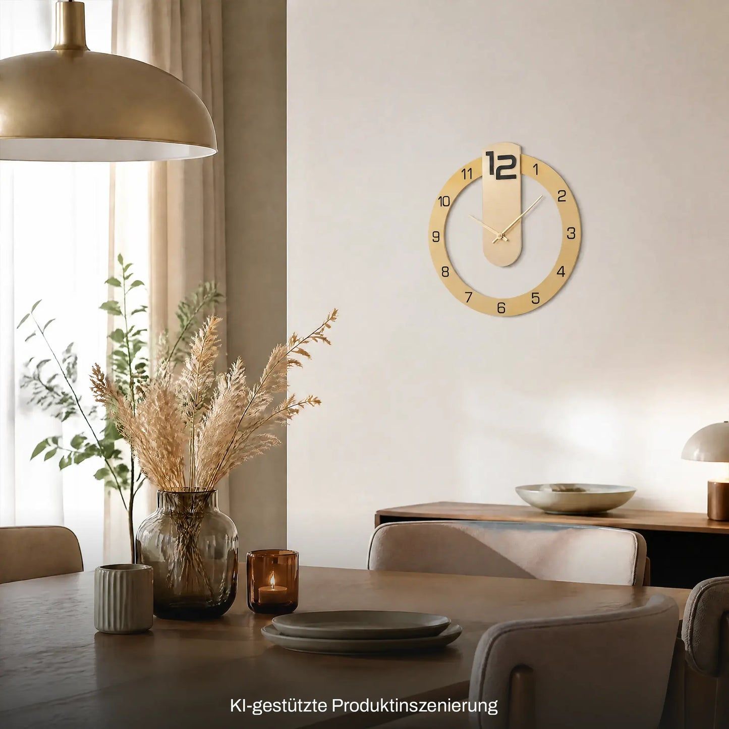 Runde Wanduhr mit goldfarbenem 3D-Zifferblatt, goldenen Zeigern und klarer Glasfront.
