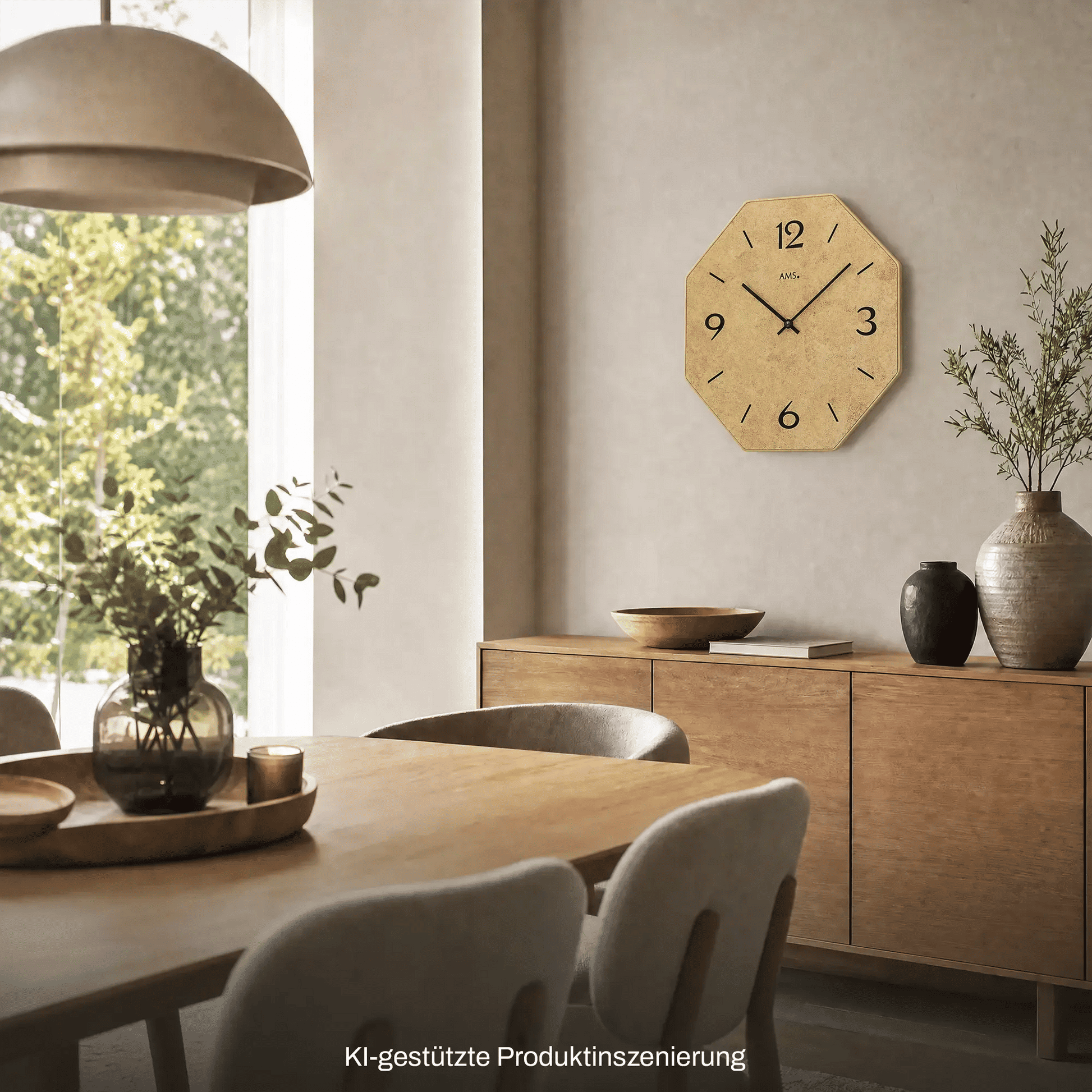Wanduhr mit oktogonalem Holzgehäuse und bedrucktem Zifferblatt, schwarze Zeiger