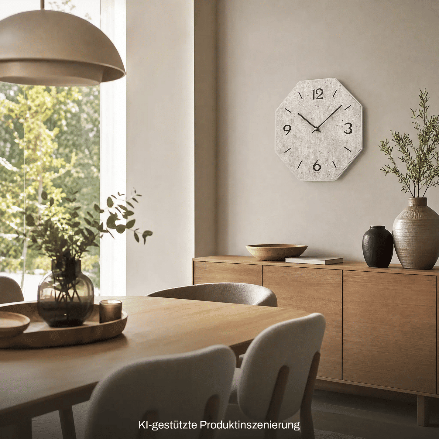 Quarz-Wanduhr mit Holzgehäuse und bedrucktem Zifferblatt, sechseckig mit schwarzen Zeigern