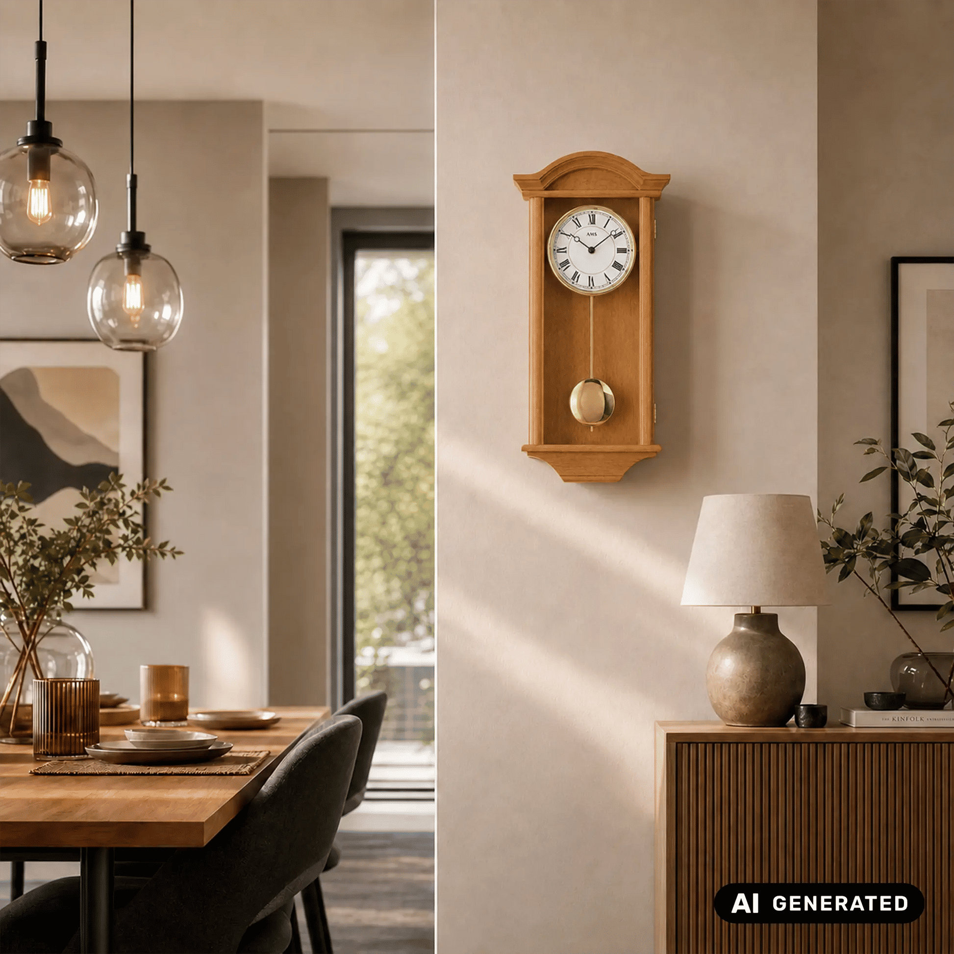 Wanduhr an der Wand, helle Holzoptik, Zifferblatt mit römischen Zahlen und Pendelgewicht