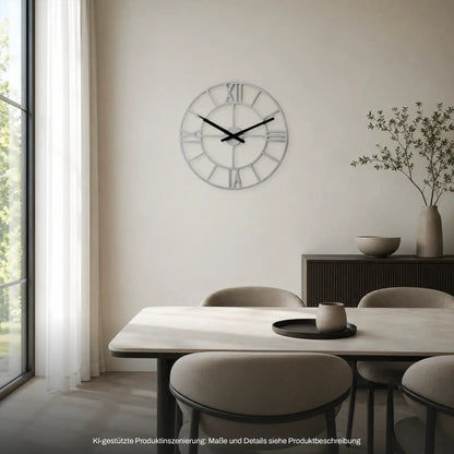 Holzrahmen-Wanduhr mit transparentem Zifferblatt, römischen Zahlen und schwarzen Zeigern