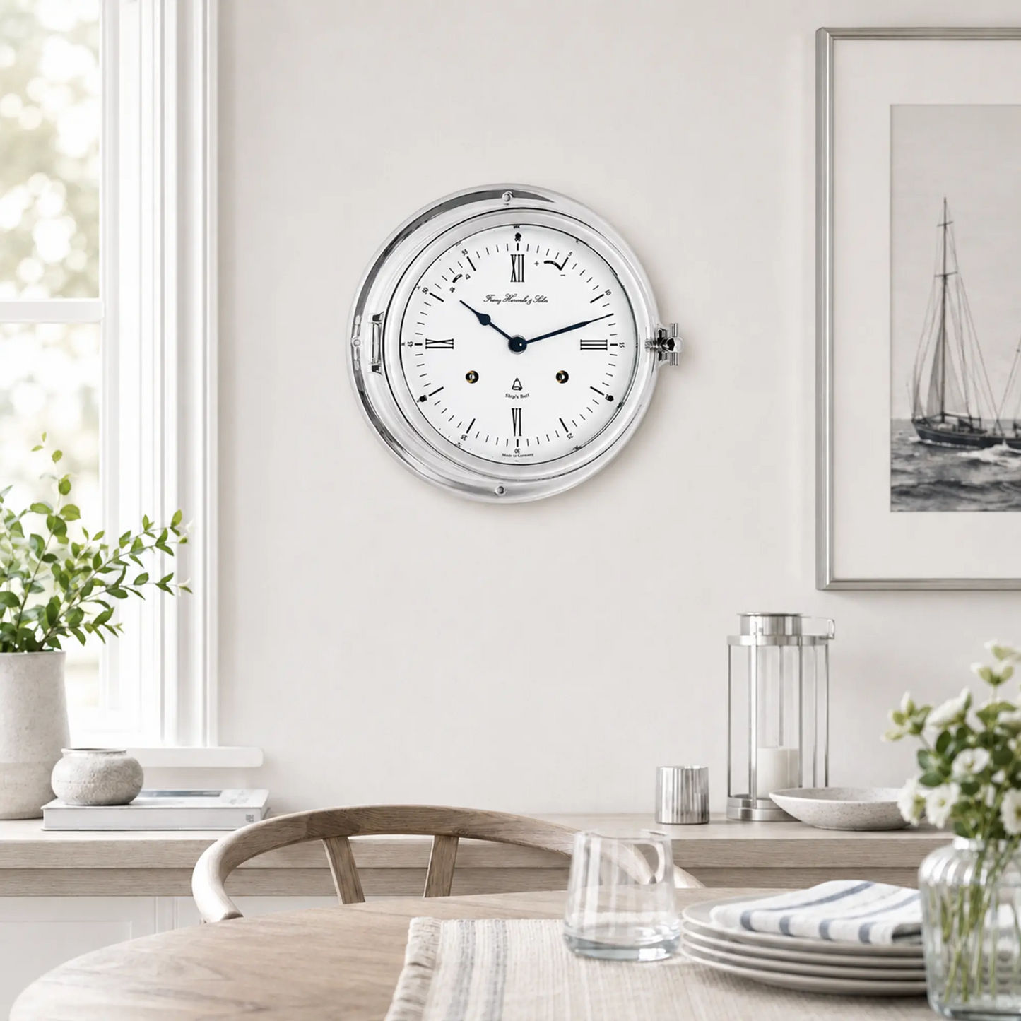 "Reloj analógico redondo con marco plateado y esfera blanca, manecillas azules"