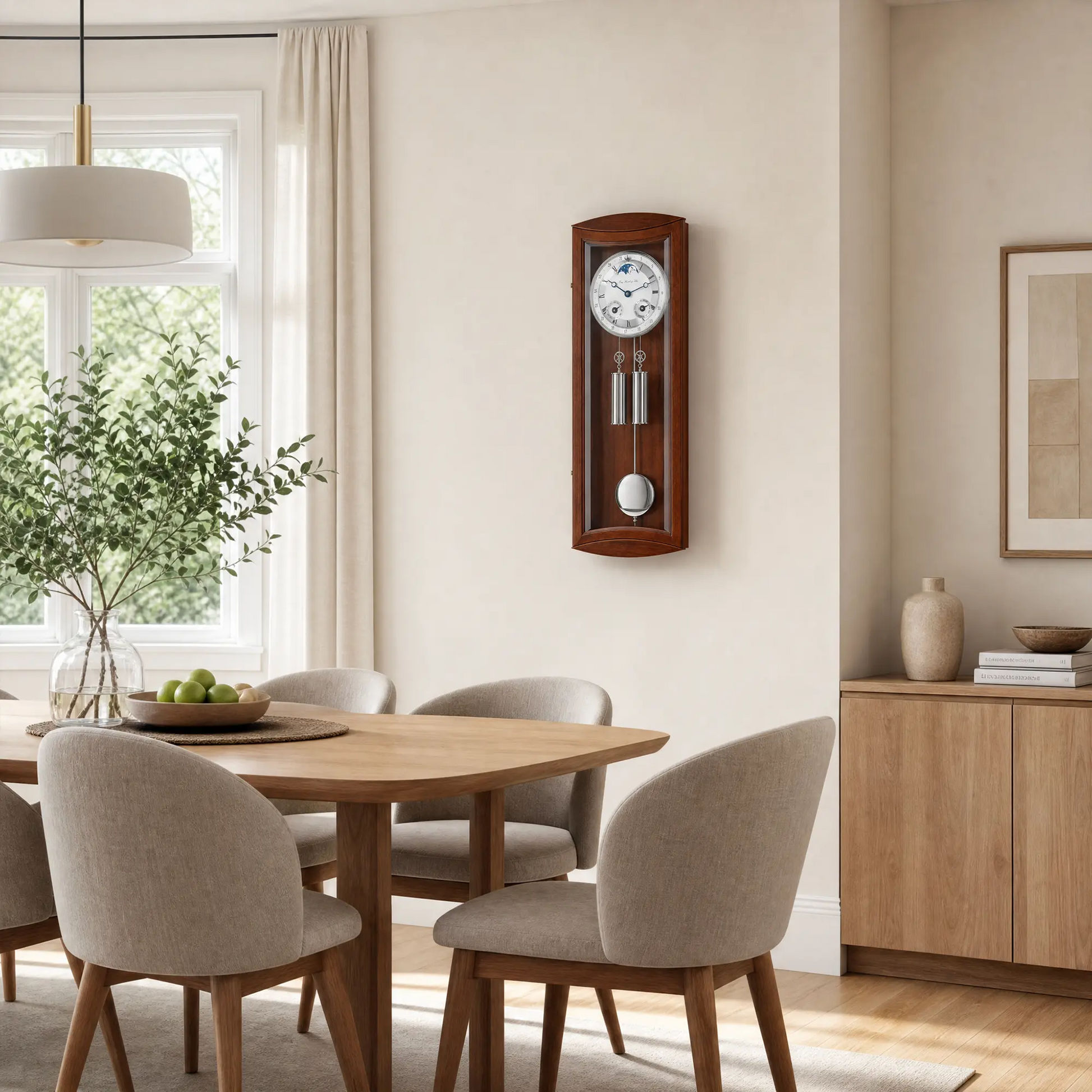 Reloj de pared de madera en marco de madera con esfera redonda y péndulo, en la pared