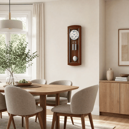 Reloj de pared de madera en marco de madera con esfera redonda y péndulo, en la pared