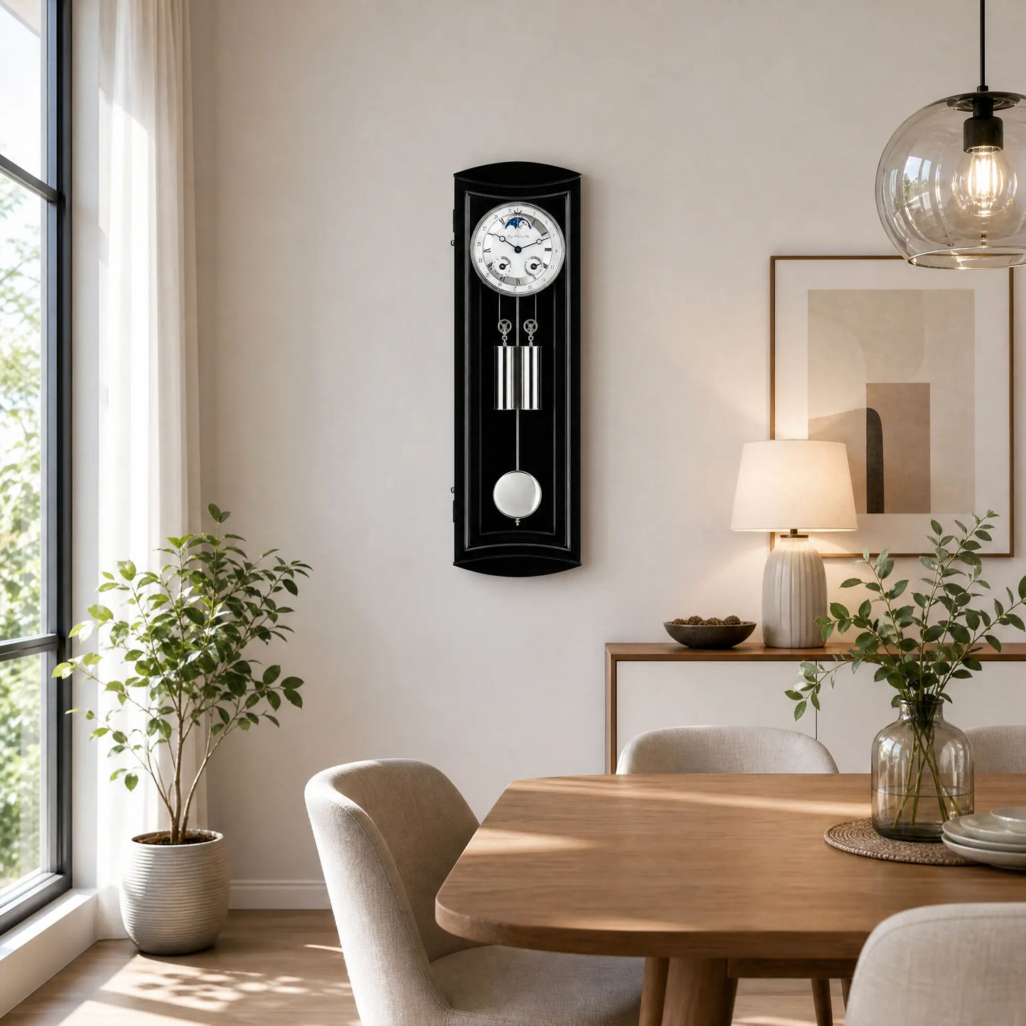 "Reloj de pared en la pared: caja negra con péndulo redondo, esfera blanca"