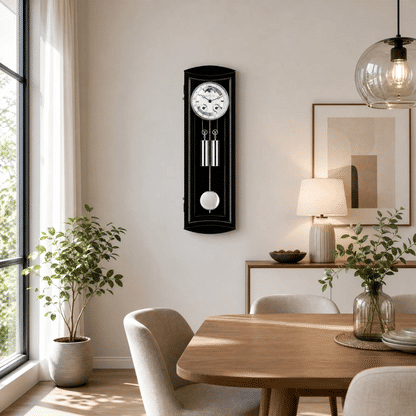 "Reloj de pared en la pared: caja negra con péndulo redondo, esfera blanca"