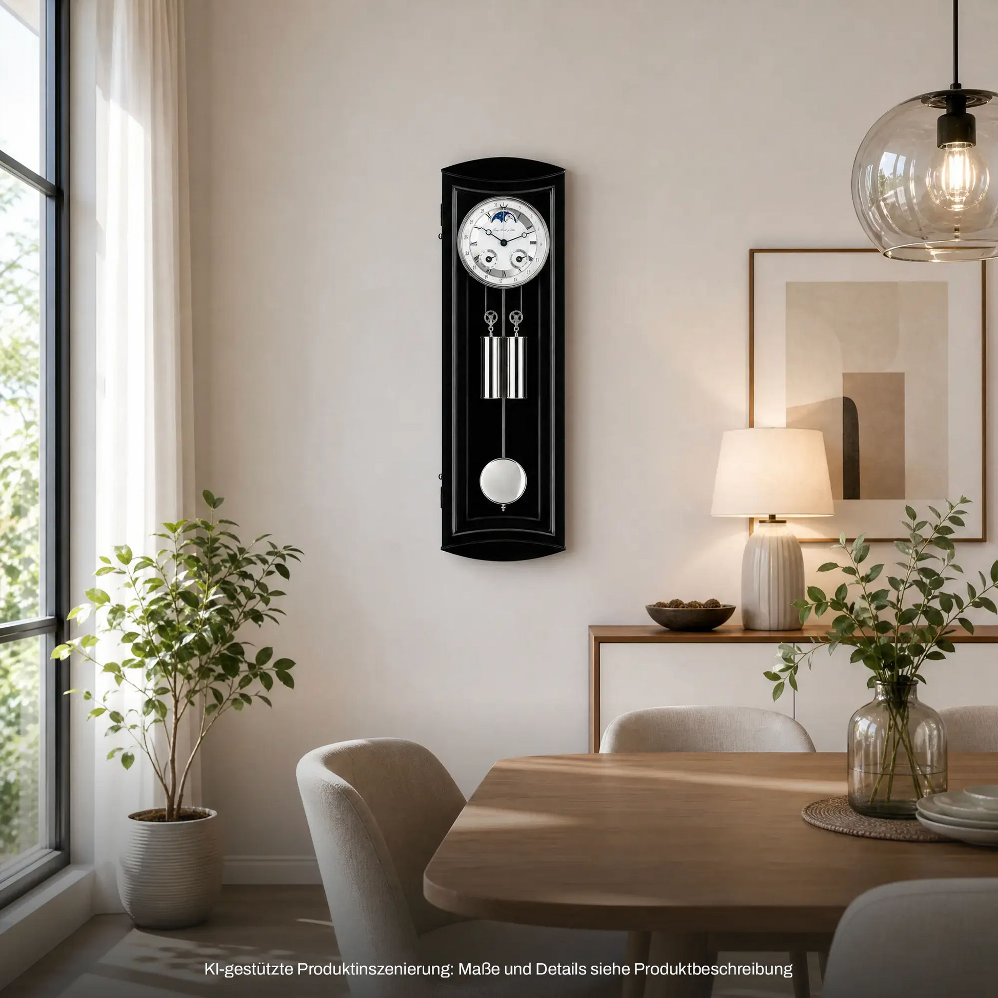 Wanduhr, schwarzes Holzgehäuse, weißes Zifferblatt, mit Pendelanzeigen