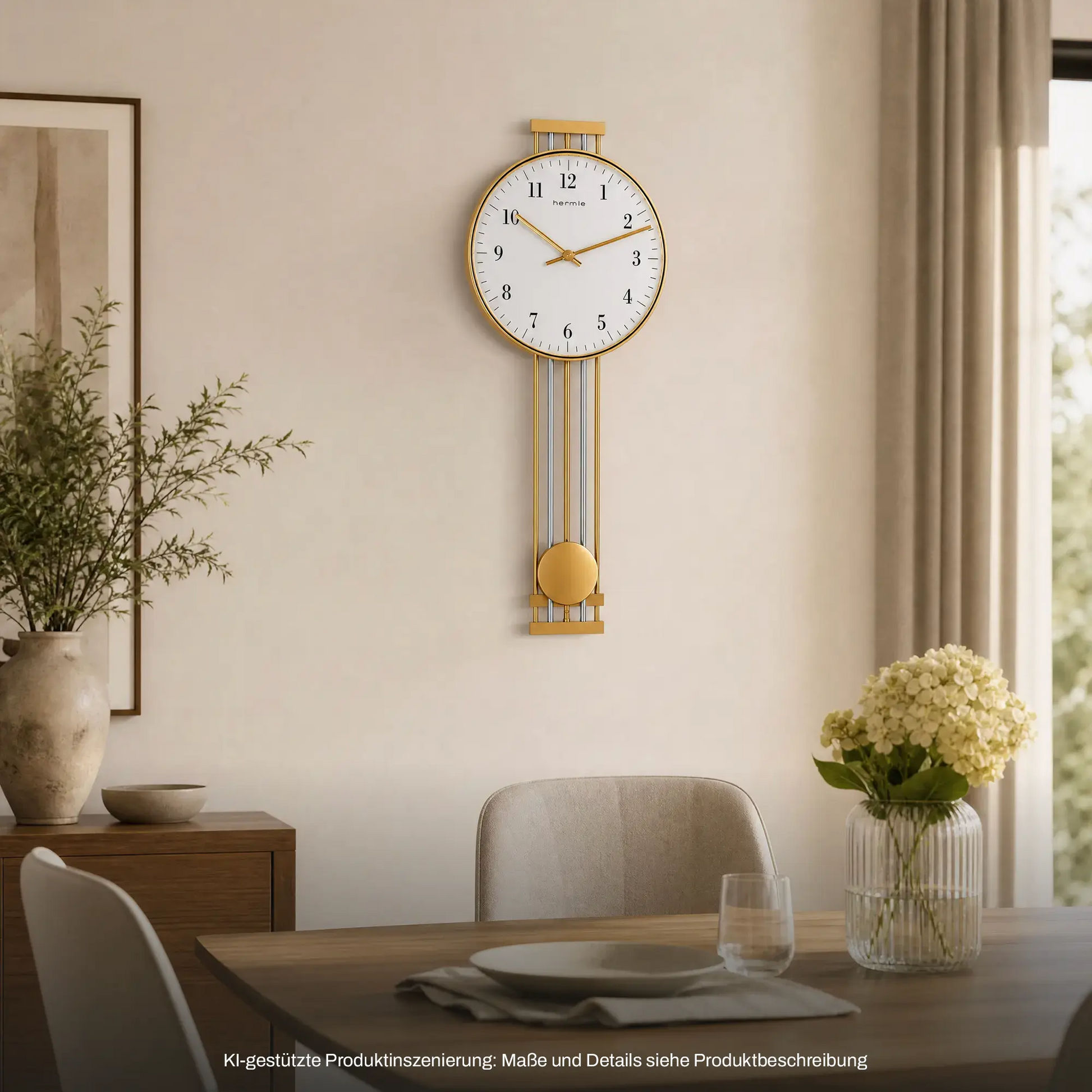 Messing-Wanduhr mit rundem weißem Zifferblatt, goldfarbenem Rahmen und Pendel