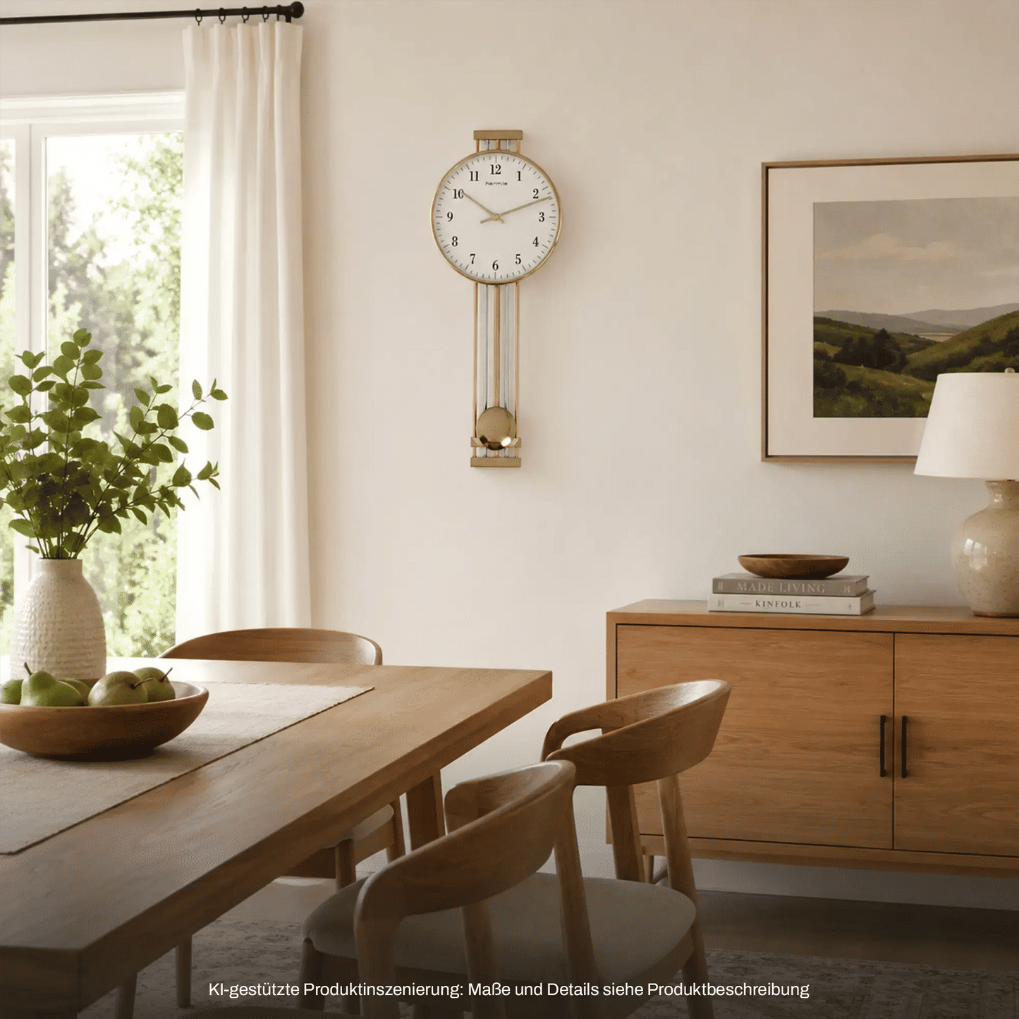 Hermle Wanduhr mit rundem Zifferblatt, goldfarbenem Pendel und Glasfront