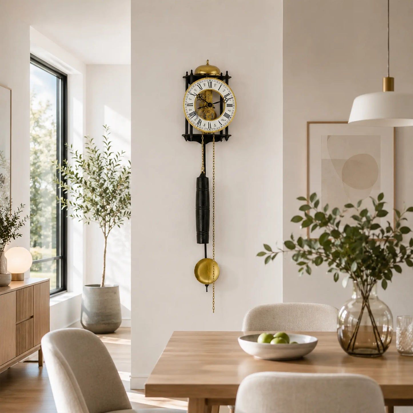 Reloj de pared colgante con esfera redonda, pesas doradas y péndulo