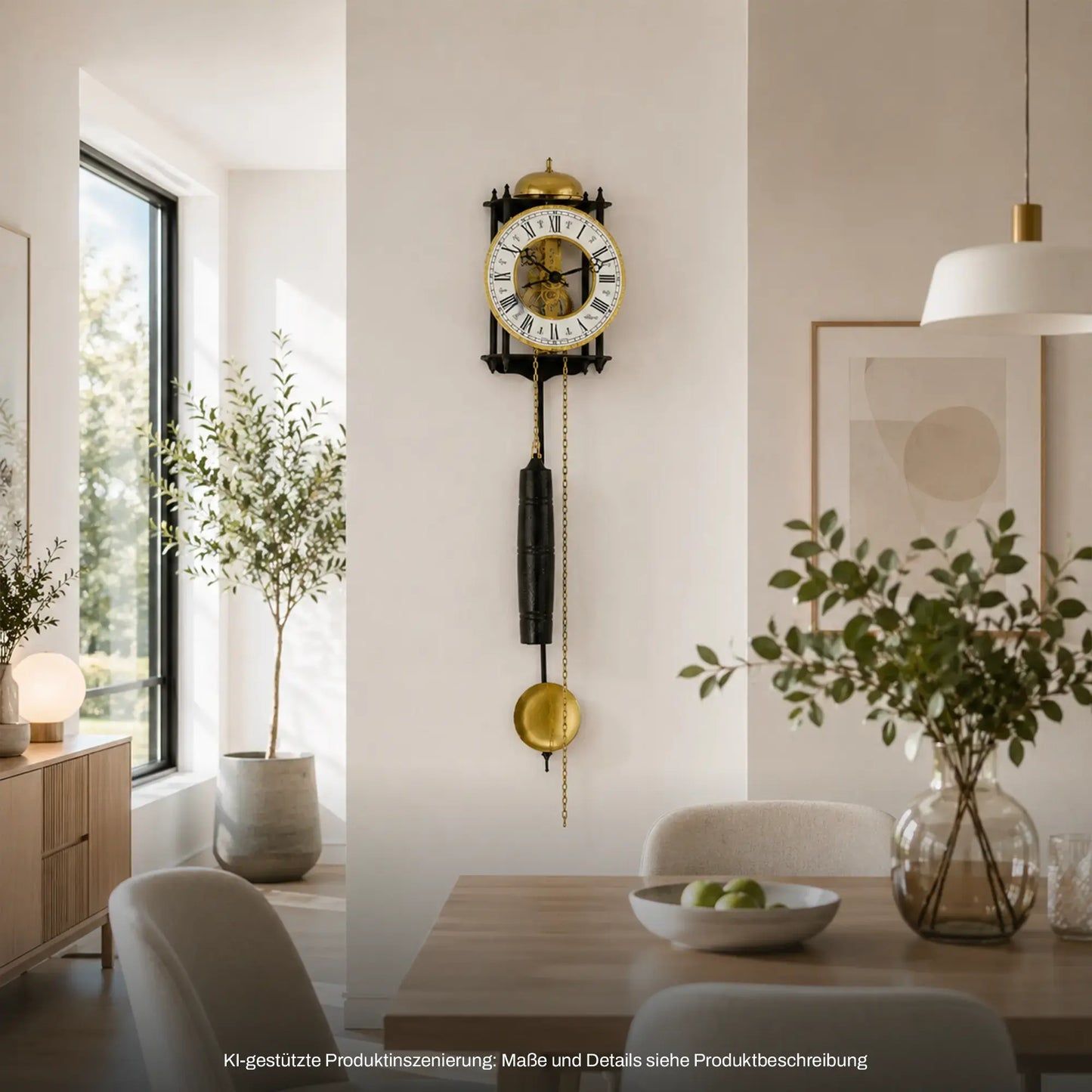 Wanduhr aus Metall mit goldfarbener Haube, Ziffernblatt und langen Kettengewichten