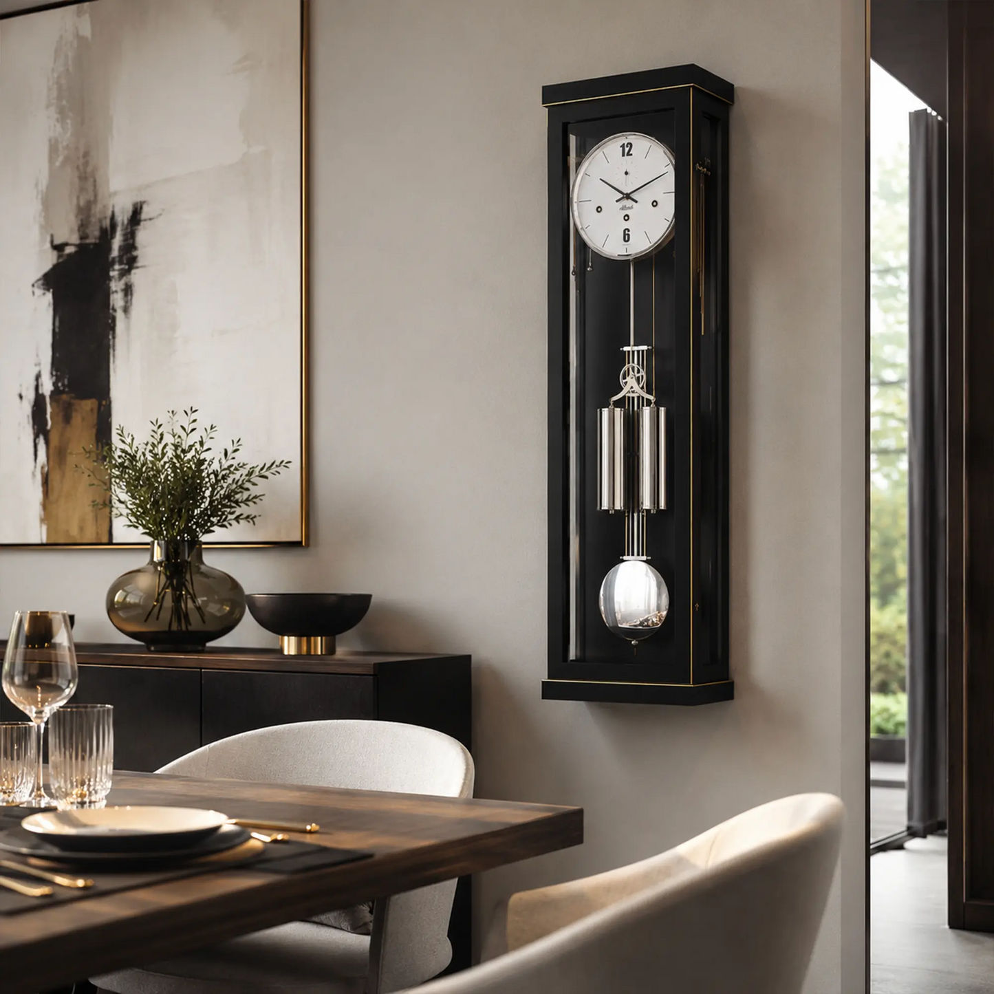 "Reloj de pared en marco negro con frente de cristal, esfera redonda y barras de sonido de acero inoxidable"