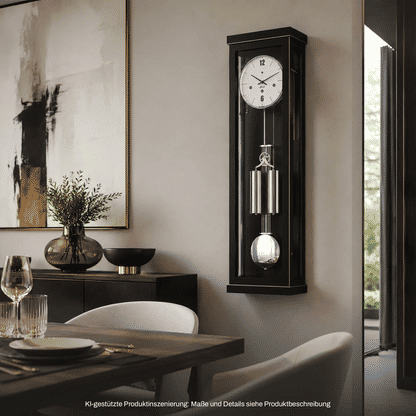 Schwarze Wanduhr mit Glasfront, rundem Zifferblatt und Pendel/Schlagwerk im Holzrahmen.