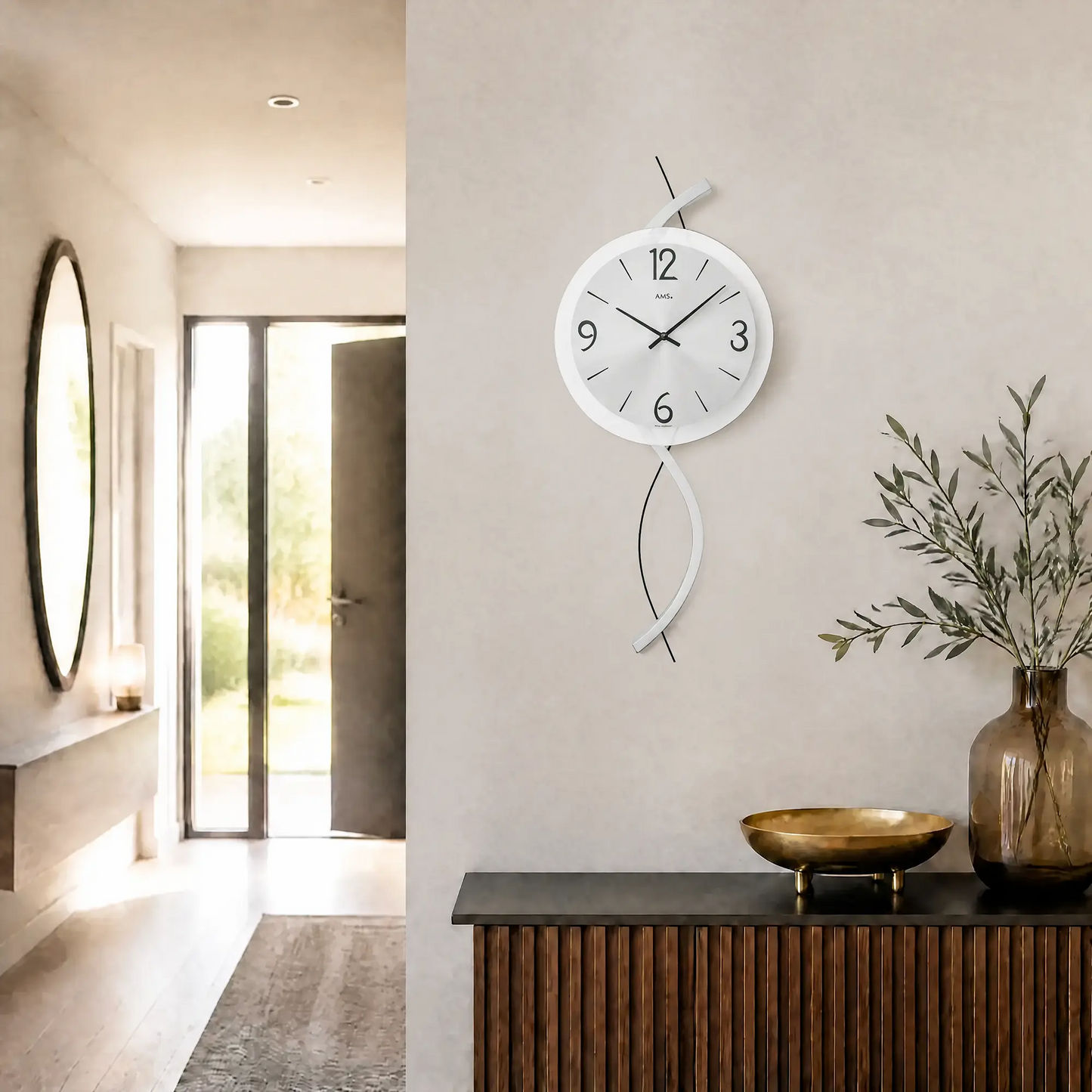 Reloj de pared AMS W9718 • Caja de madera con detalle metálico • Cristal mineral facetado