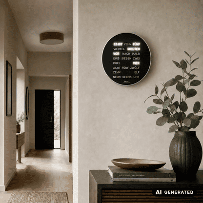 Runde schwarze AMS Quarz-Tisch- und Wanduhr mit Textanzeige, an Wand
