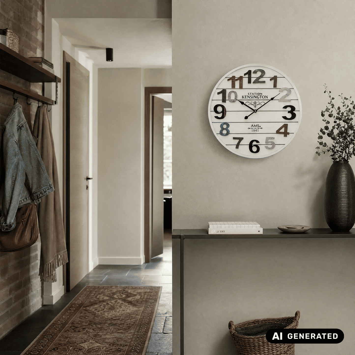 Wanduhr im Antik-Look: weißes Ziffernblatt mit Zahlen, Holzgehäuse