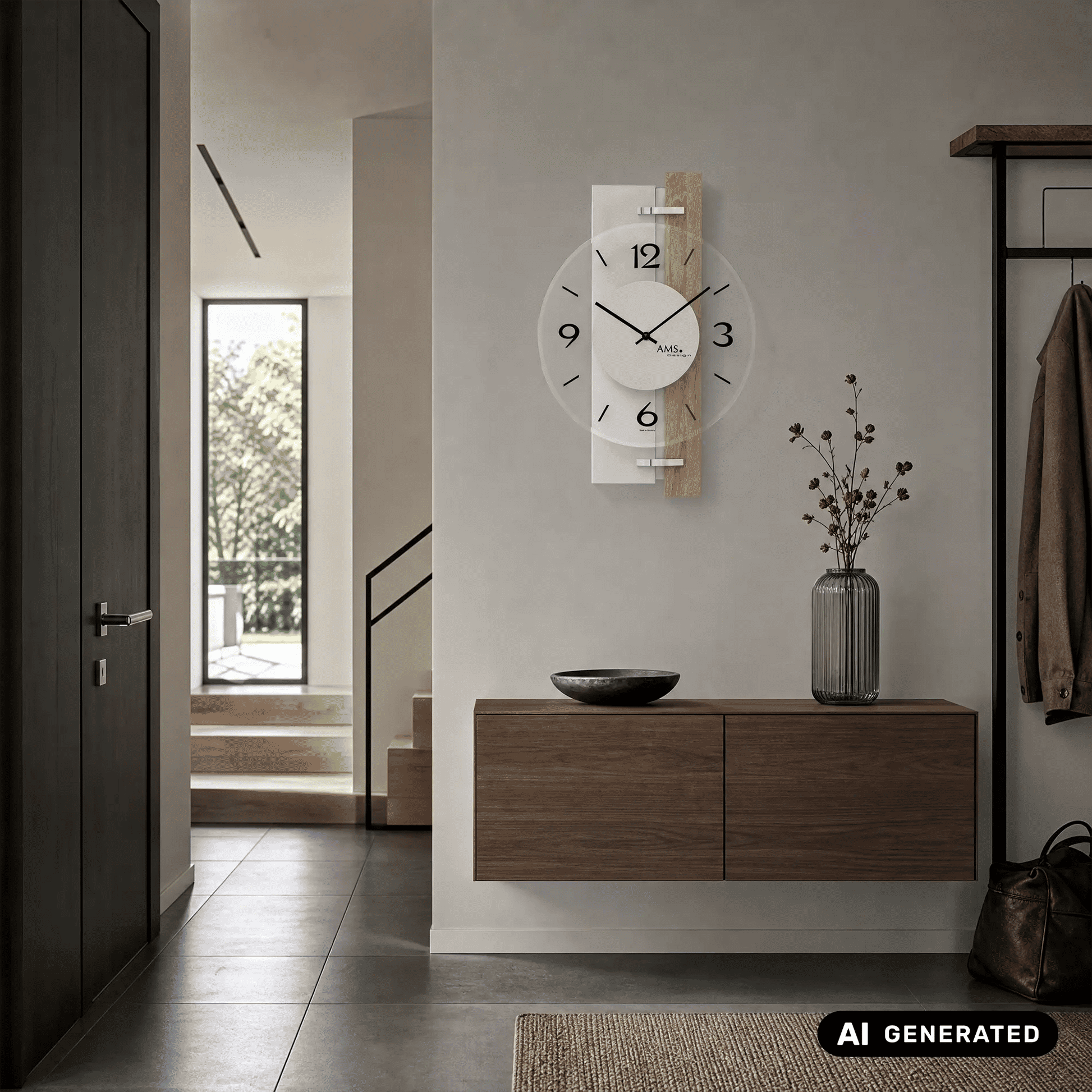 Wanduhr an der Wand mit weißem Ziffernblatt, schwarzen Zeigern und Holzrahmen