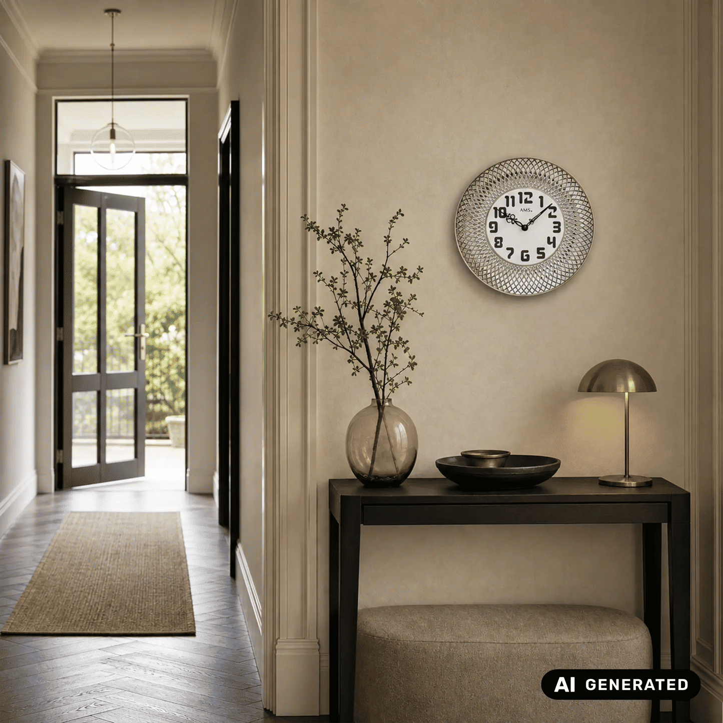 Wanduhr an der Wand mit silberfarbenem, reliefartigem Keramikrahmen und weißen Ziffern