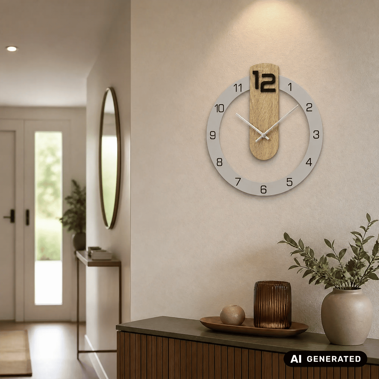 Wanduhr Sonoma-Eiche mit bedrucktem Mineralglas, rundes Zifferblatt mit arabischen Ziffern und Zeigern.