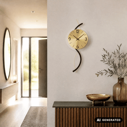 Wanduhr an der Wand: rundes Ziffernblatt mit Holzgehäuse und geschwungenem Metallelement, facettiertes Glas