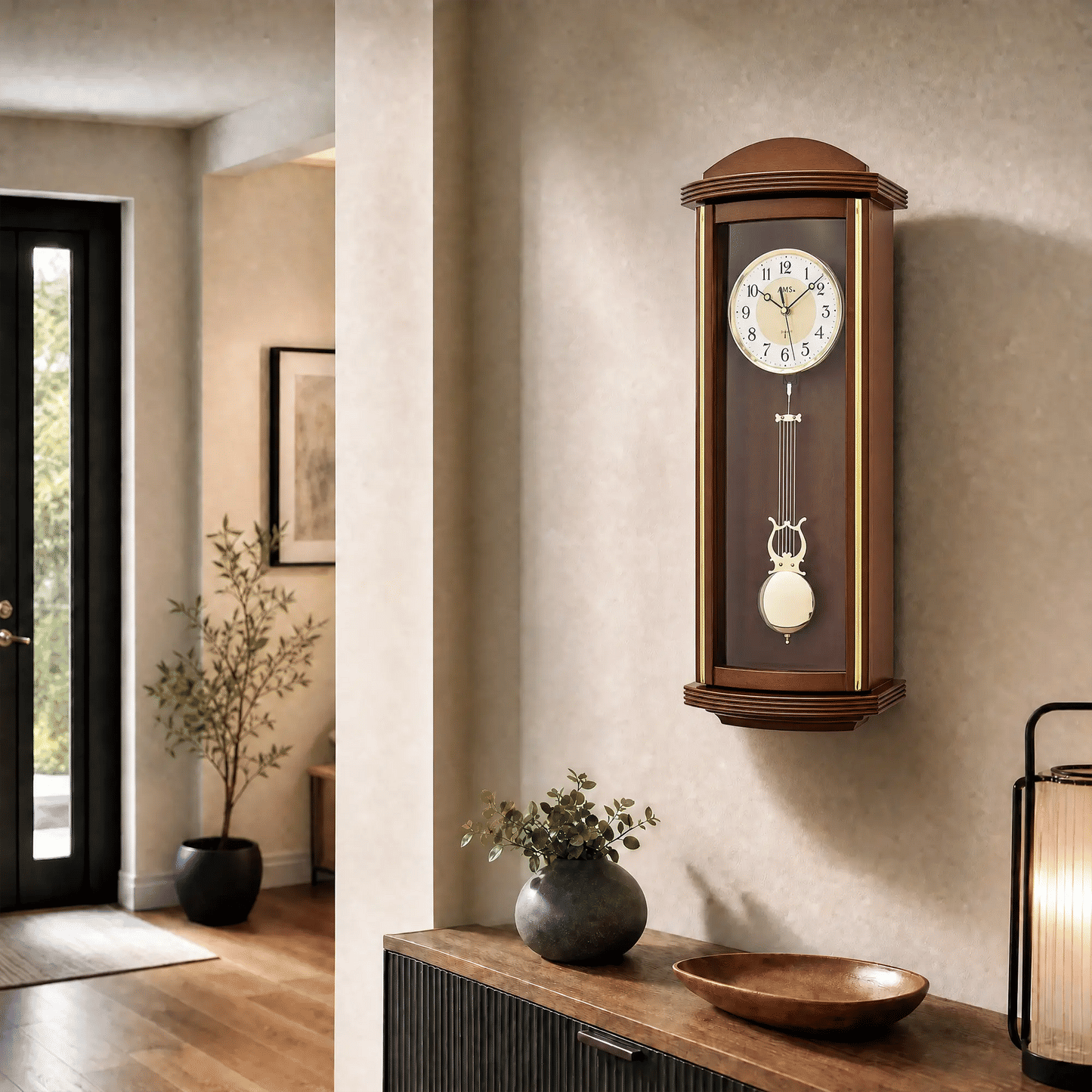 Reloj de pared AMS Funk F5015/1 • Caja de madera lacada en nogal • Péndulo con mecanismo de sonería Westminster