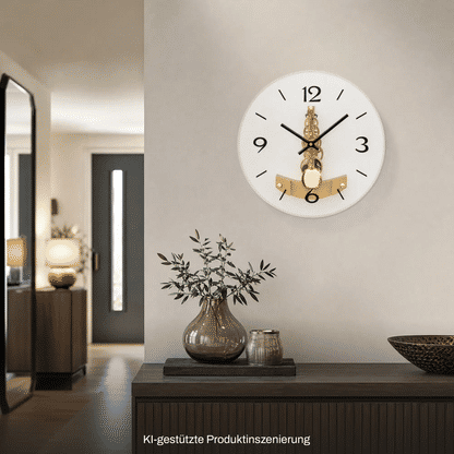 Runde Wanduhr mit weißem Zifferblatt, goldfarbenem Uhrwerk, schwarzen Zeigern