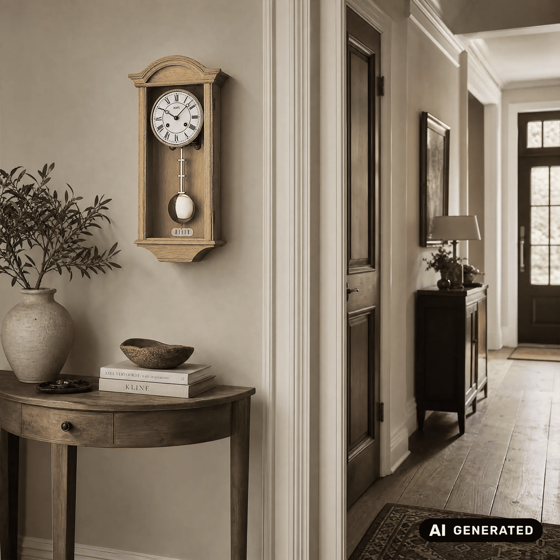 Eichen-Wanduhr mit Glasfront, römischem Zifferblatt und goldenem Pendelgewicht