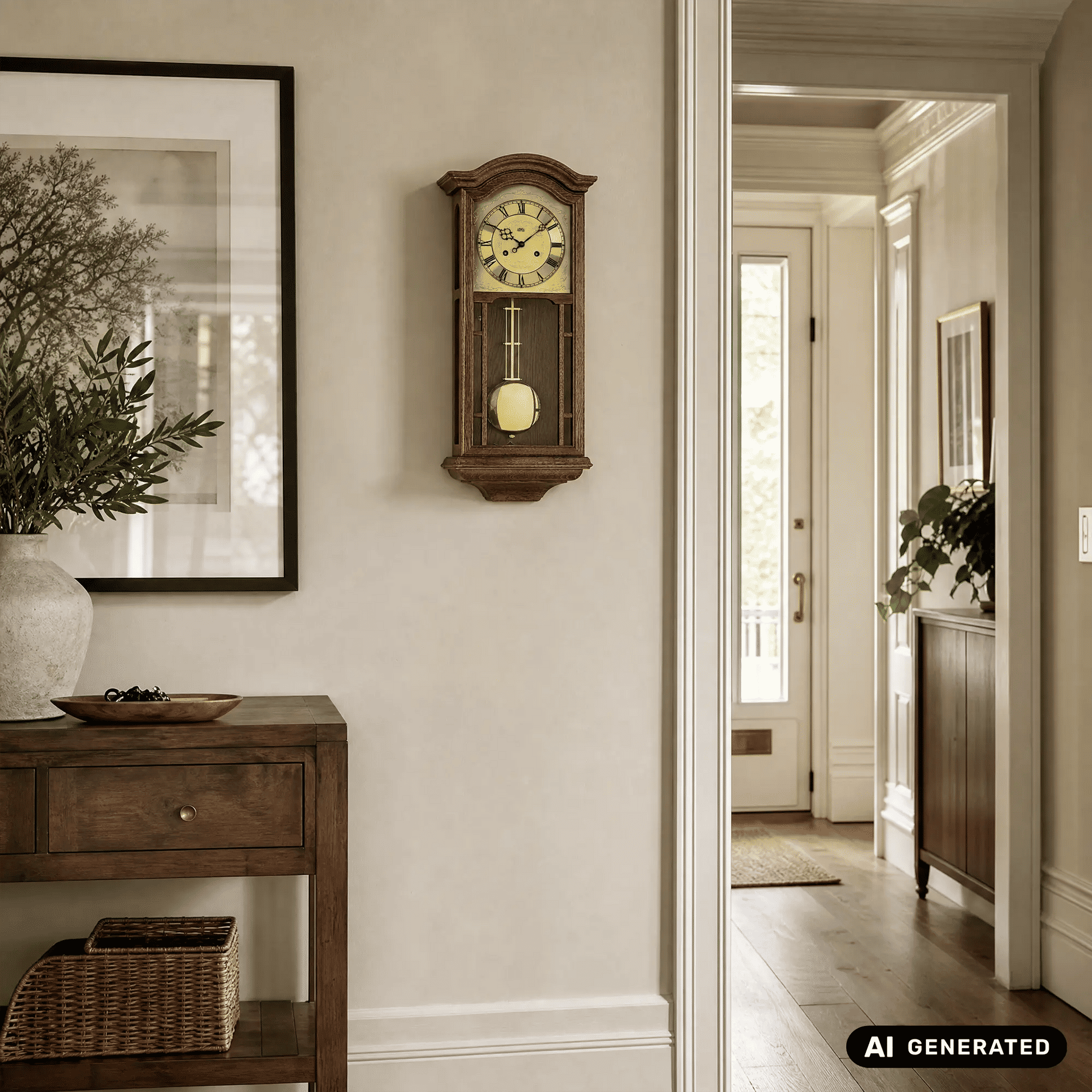 Wanduhr aus Eichenholz mit analogem Zifferblatt und schlankem Pendel