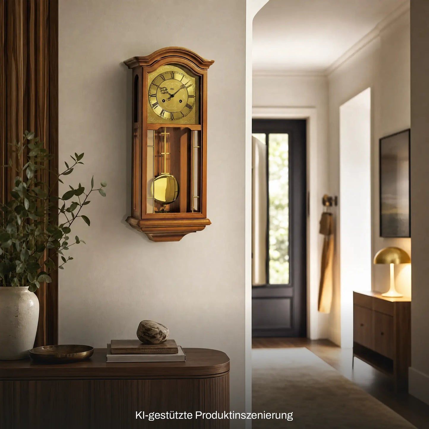 Pendelwanduhr in Kirschbaumoptik mit Messingziffernblatt und Glasgehäuse